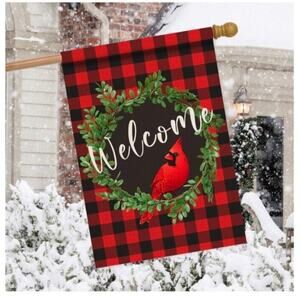Cardinal Wreath Christmas Garden Flag 27x36" Large Decor Red Buffalo Check